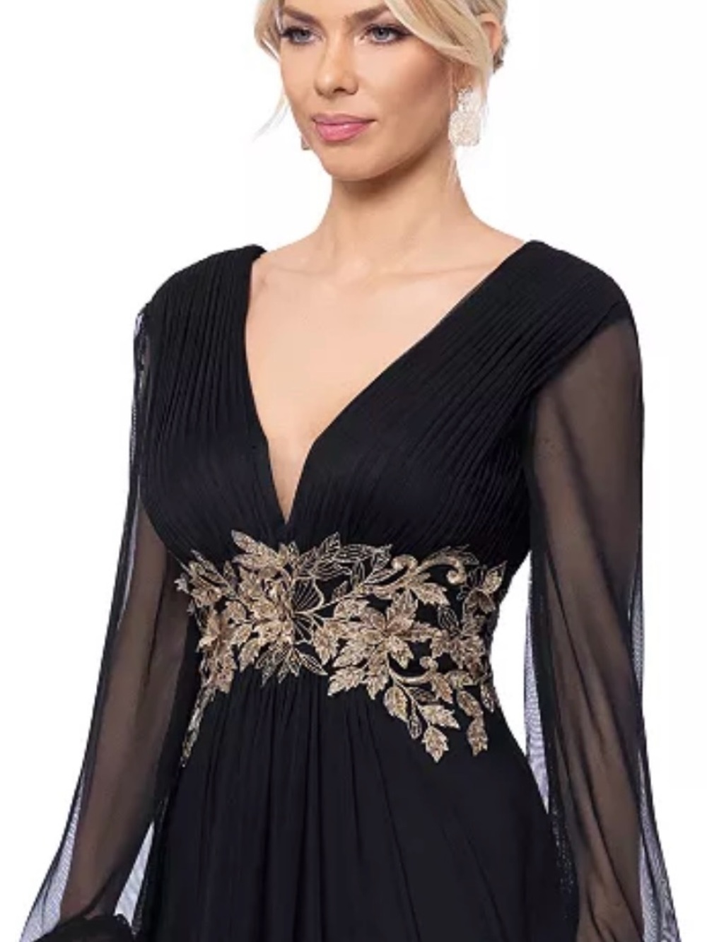 Betsy & Adam Black Plunge-Neck Blouson-Sleeve Gown Sz 8 - Picture 4 of 9